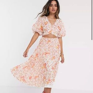 ASOS wrap around pleated midi dress in cream with orange and yellow floral print